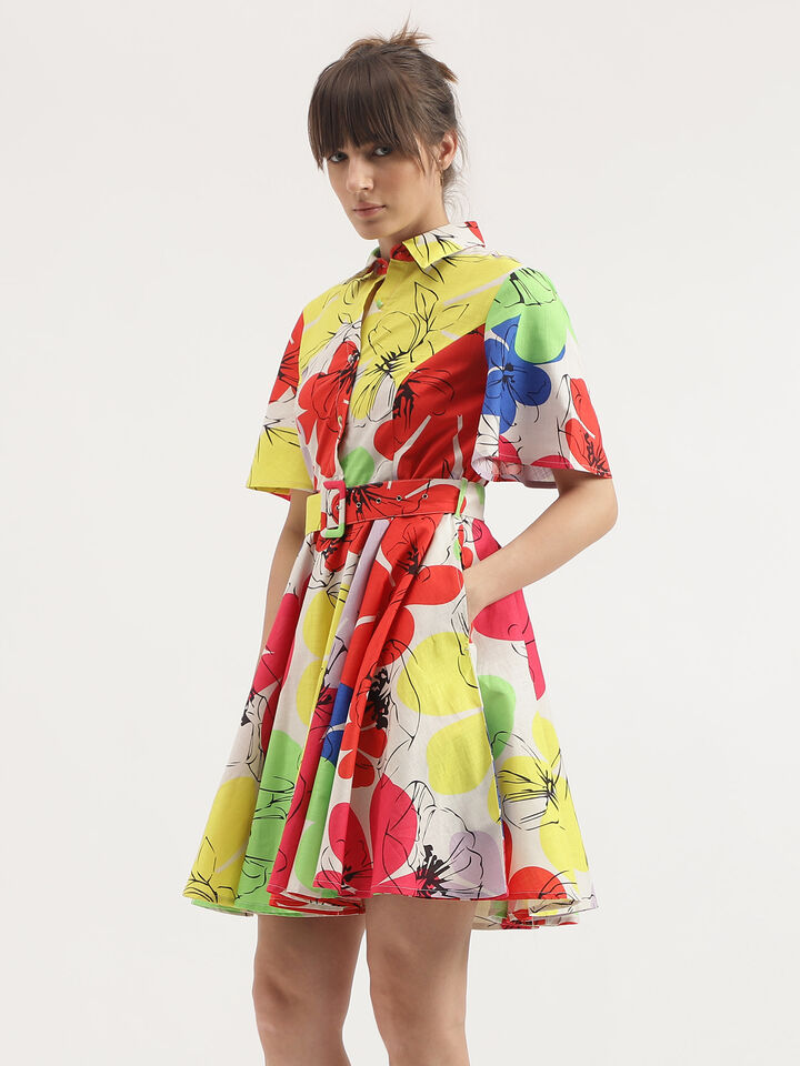 S/S PRINTED SHORT FLARE DRESS WITH BELT image number 2